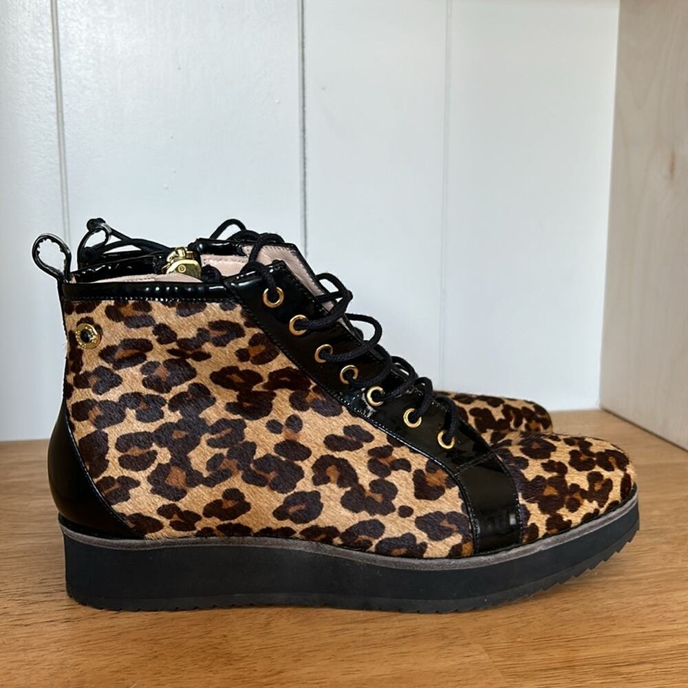 Ukies Alberta leopard Print Calf Hair Lace Up Boot Booties European Luxury 5.5